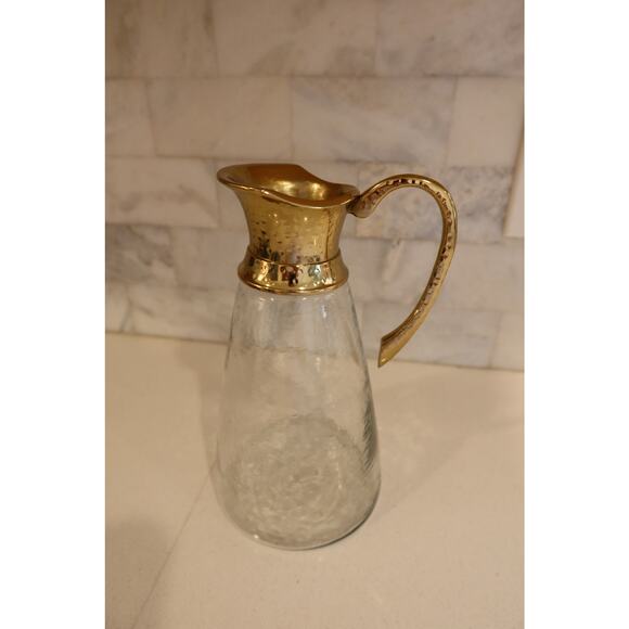 Textured Glass Hammered Brass Water Pitcher Jug with Handle 10" Tall - Picture 3 of 5